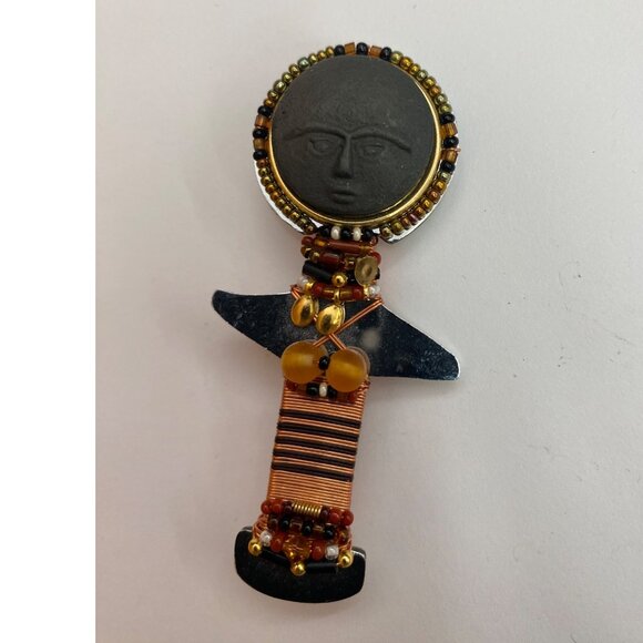Vintage Rare Liztech 1998 Signed Akuaba Inspired Copper & Black Beaded Brooch Wi - Picture 1 of 9